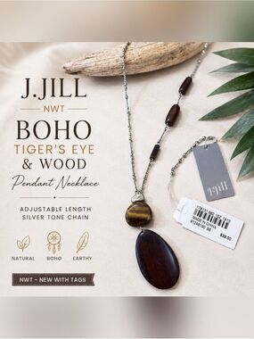 NWT J Jill Boho Tiger’s Eye Brown Wood Pendant Long Necklace Silver Tone